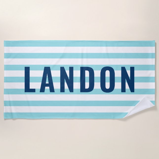 Modern Personalized Name Navy Aqua Striped Beach Towel (Front)