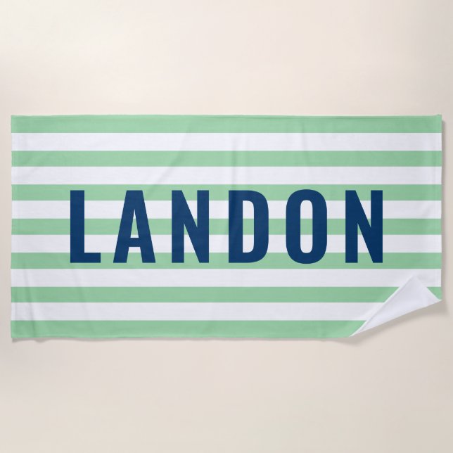 Modern Personalized Name Navy Green Striped Beach Towel (Front)