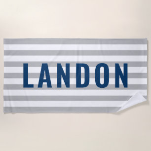Modern Personalized Name Navy Grey Striped Beach Towel