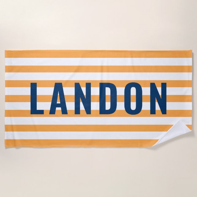 Modern Personalized Name Navy Orange Striped Beach Towel (Front)