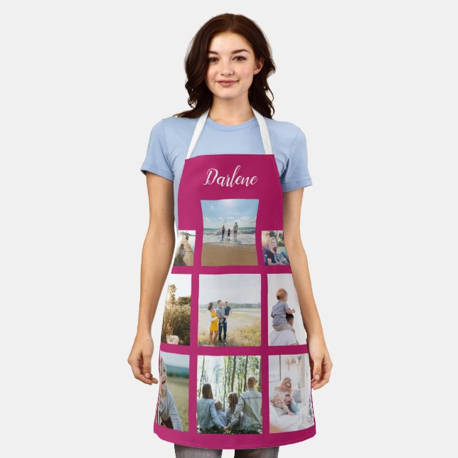 Modern Personalized Name Photo Collage Fuchsia  Apron (Worn)