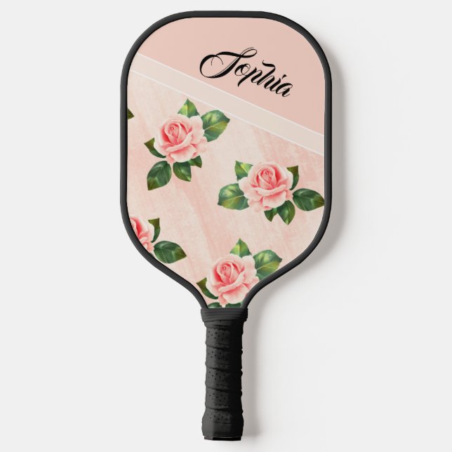 Modern Personalized Name Pink Rose Flower Black  Pickleball Paddle (Back)