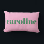 Modern Personalized Name Preppy Cute Pink Green Lumbar Pillow<br><div class="desc">This personalized design features bold retro typography in green set against a soft pink background for a playful yet polished look. Created to highlight a single name, it works well as a decorative accent for bedrooms, dorms, nurseries, or cozy living spaces. The simple layout keeps the focus on the name...</div>