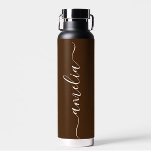 Modern Personalized Name Script Black And Brown  Water Bottle