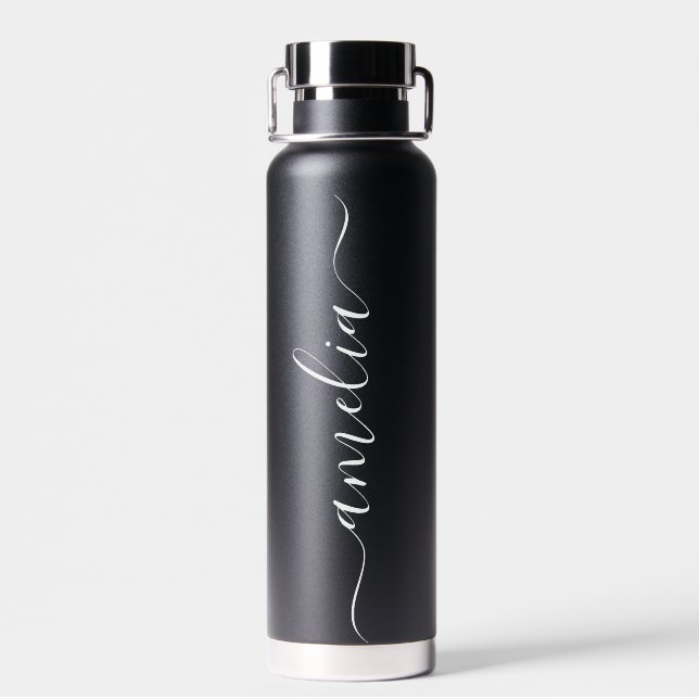 Modern Personalized Name Script Black Wedding gift Water Bottle (Back)