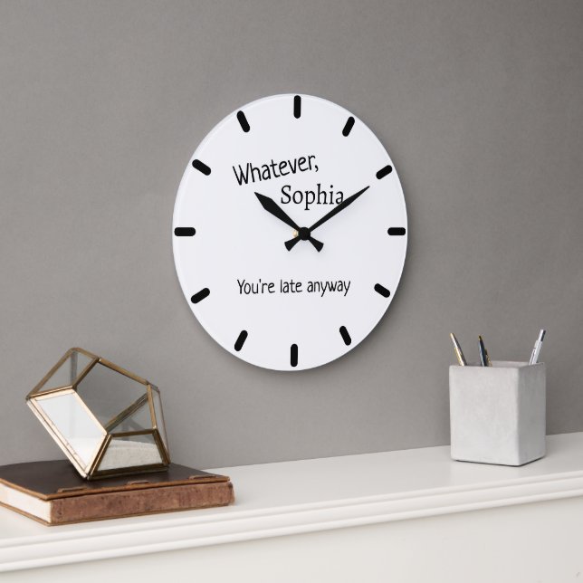 Modern Personalized Name With Funny Quote Black Large Clock (Office)