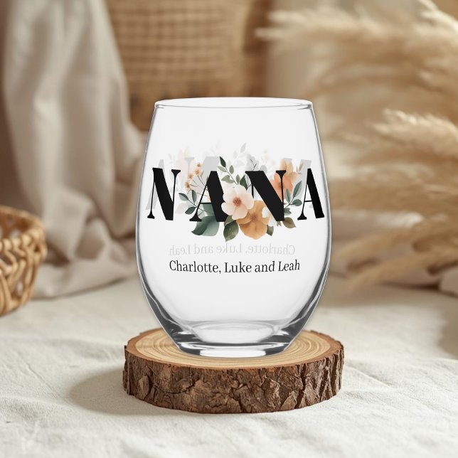 Modern Personalized Nana Floral Gift Stemless Wine Glass (Creator Uploaded)