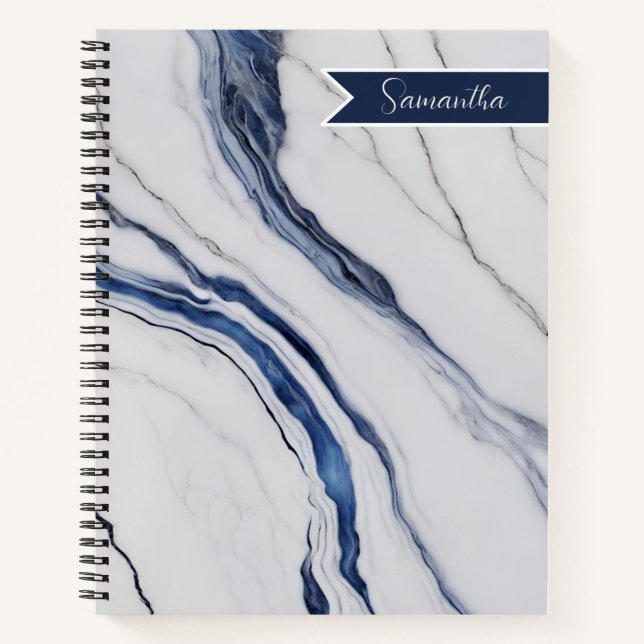 Modern Personalized Off-White Blue Marble  Notebook (Front)