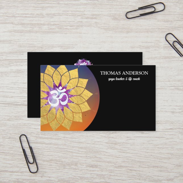 Modern Personalized OM Symbol Lotus Mandala Art Business Card (Front/Back In Situ)