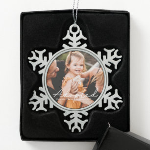 Modern Personalized Photo Adoption Announcement Snowflake Pewter Christmas Ornament