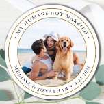 Modern Personalized Photo Just Married Wedding Classic Round Sticker<br><div class="desc">Add the finishing touch to your dog wedding announcements with these custom photo, and personalized 'My Humans Got Married stickers. Customize with your favourite photo,  names and date. COPYRIGHT © 2020 Judy Burrows,  Black Dog Art - All Rights Reserved. Modern Personalized Photo Just Married Wedding Classic Round Sticker</div>