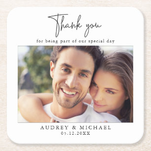 Modern Personalized Photo Wedding Thank You Square Paper Coaster
