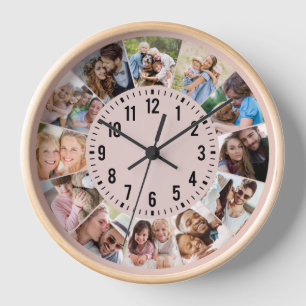 Modern Personalized Pink 12 Photo Collage Clock