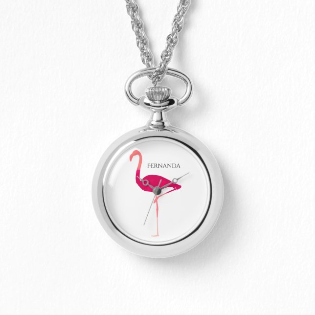 Modern Personalized Pink Graphic Flamingo Motif Watch (Front)