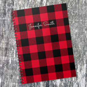 Modern Personalized Red and Black Buffalo Check Notebook