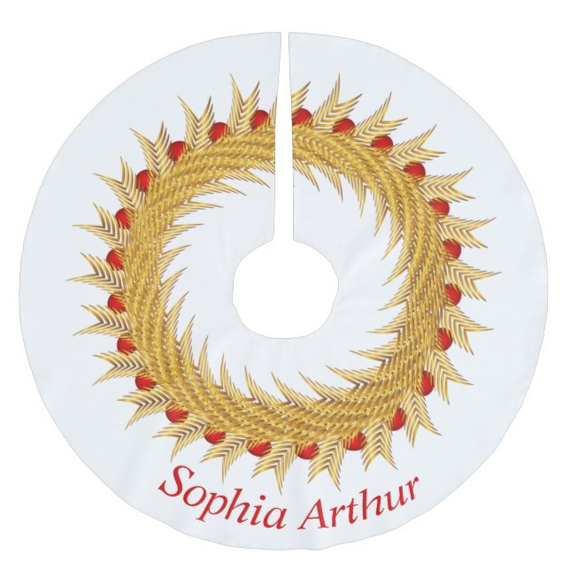 Modern Personalized Red Gold Wreath Christmas Brushed Polyester Tree Skirt (Front)