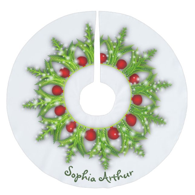 Modern Personalized Red Gold Wreath Christmas Brushed Polyester Tree Skirt (Front)