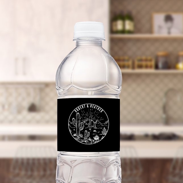 Modern Personalized Rustic Desert Wedding Black Water Bottle Label (Creator Uploaded)