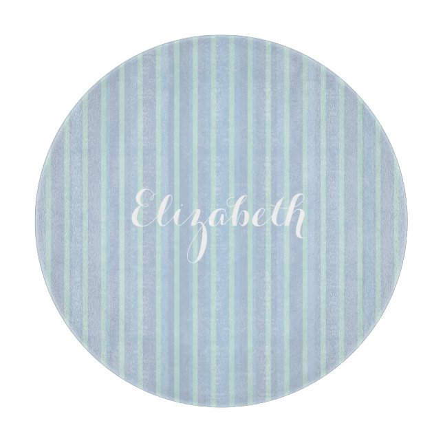 Modern Personalized Shimmering Blue Striped Cutting Board (Front)