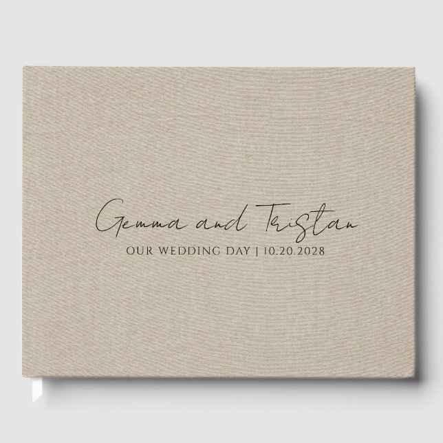 Modern Personalized Silver Grey Faux Linen Guest Book (Front)