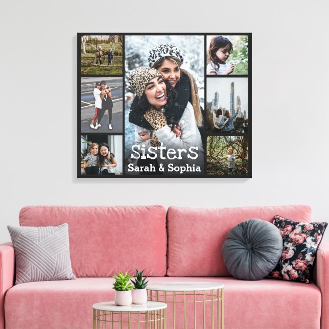 Modern Personalized Sisters 7 Photo Collage Canvas Print (Insitu(LivingRoom))