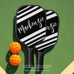 Modern Personalized Striped Custom Color Pickleball Paddle<br><div class="desc">Modern personalized custom color pickleball paddle featuring a name (or monogram) shown in an editable hand-lettered script typography and changable white sporty stripes against an editable black background so you can create a custom design for the pickler or pickleball enthusiast. COLOR CHANGES: Change the text, stripe and/or background colors or...</div>