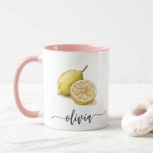 Modern Personalized Watercolor Yellow Lemon Pink Mug