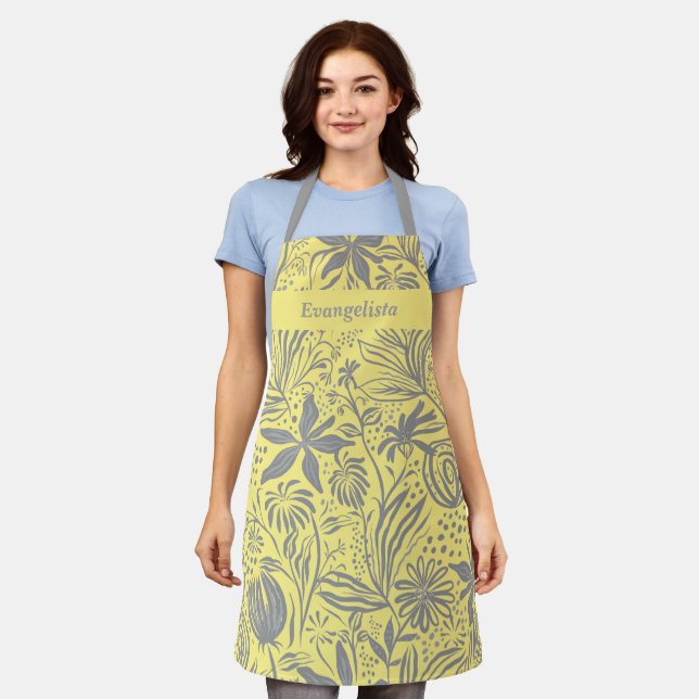 Modern Personalized Yellow Grey Floral Apron (Worn)