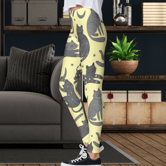 Modern Pet Lover Cream And Grey Kitten Cat Pattern Leggings (Creator Uploaded)