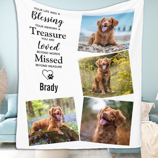 Modern Pet Memorial Dog Photo Collage Fleece Blanket (Creator Uploaded)