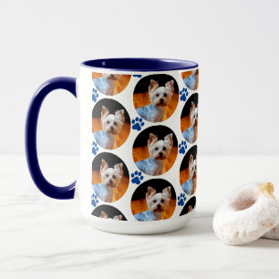 Modern Pet Photo Blue Paw Print Pattern  Mug