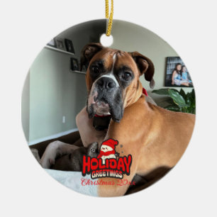 Modern PET PHOTO With Red Holiday Greetings Ceramic Ornament