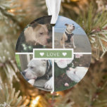 Modern Pet Photos Collage Ornament<br><div class="desc">Pet sympathy modern design with 4 photos in a grid with centre text template in green box "love" with hearts and personal message on back ornament.</div>