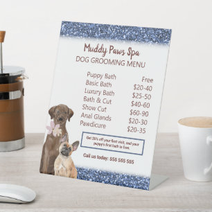 Modern Pet Spa Price List with Blue Glitter Design Pedestal Sign
