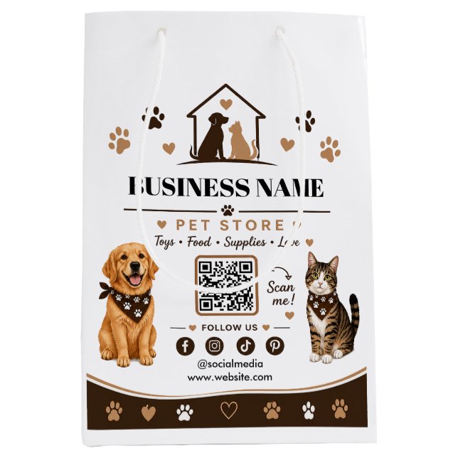 Modern Pet Store Paper Bag, Custom QR Code Medium Gift Bag (Front)