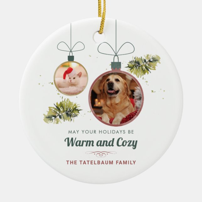 Modern Pets Photos Family Christmas Holiday Ceramic Ornament (Front)