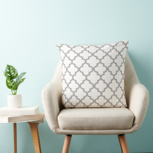 Modern Pewter Grey and White Quatrefoil Pattern Throw Pillow