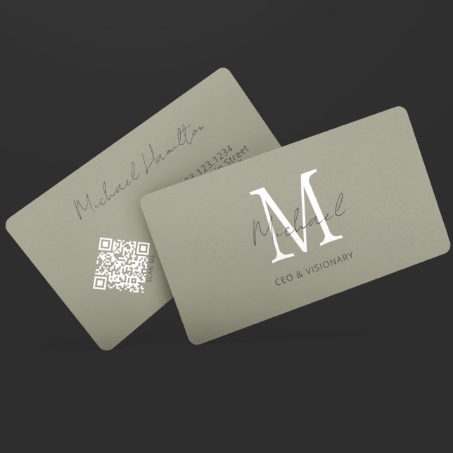 Modern Pewter Monogram QR Code Business Card (Creator Uploaded)