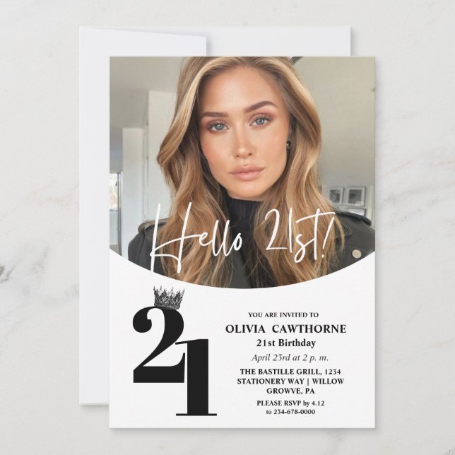 Modern Photo 21st Birthday White Black Invitation (Front)
