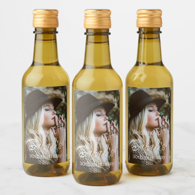 Modern Photo 30th Birthday Party Script Custom  Wine Label (Bottles)
