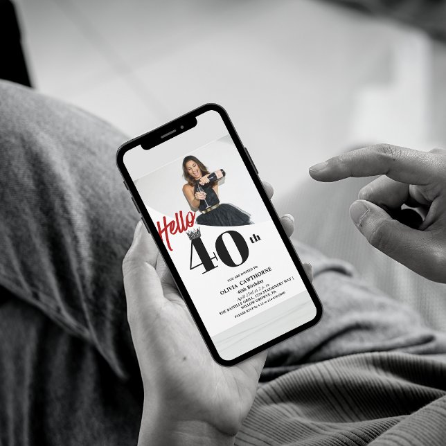 Modern Photo 40th Birthday White Black Invitation (Creator Uploaded)