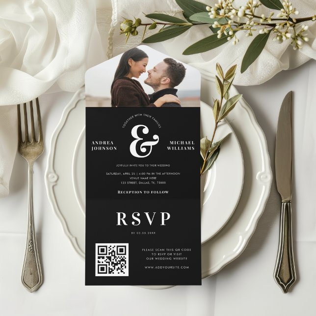 Modern Photo & Ampersand Wedding QR Code RSVP  All In One Invitation (Creator Uploaded)