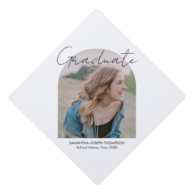 Modern Photo Arch Graduation Minimalistic White  Graduation Cap Topper (Front)