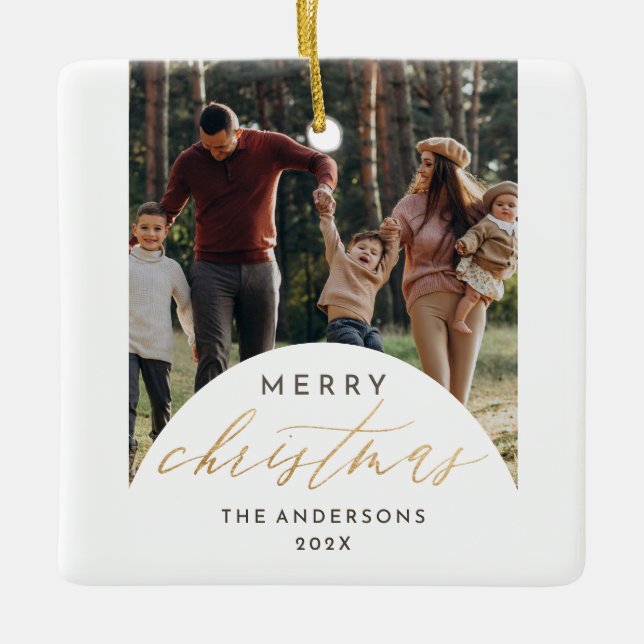 Modern Photo Arch Merry Christmas Gold Script Ceramic Ornament (Front)