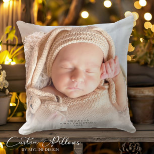 Modern Photo Baby's First Christmas Holiday Throw Pillow