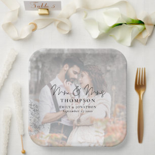 Modern Photo Background Mr Mrs Names Date Wedding  Paper Plate