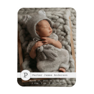 Modern Photo Birth Announcement Monogram Magnet