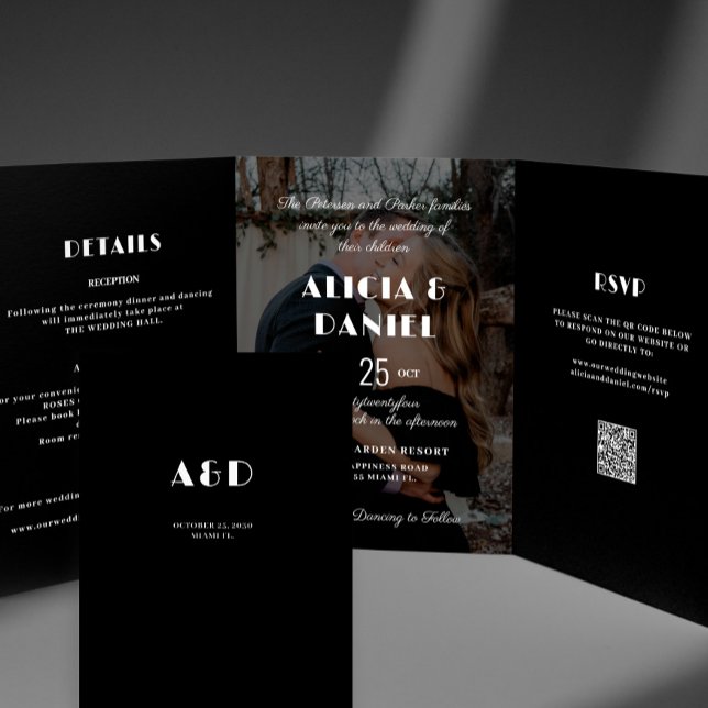 Modern photo black and white rsvp details wedding Tri-Fold invitation (Creator Uploaded)