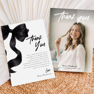 Modern Photo Black Bow Graduation Thank You Card