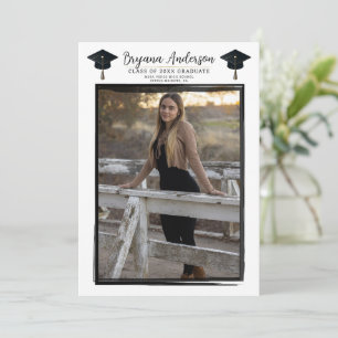 Modern Photo Black Frame Trendy Graduation Cap Invitation